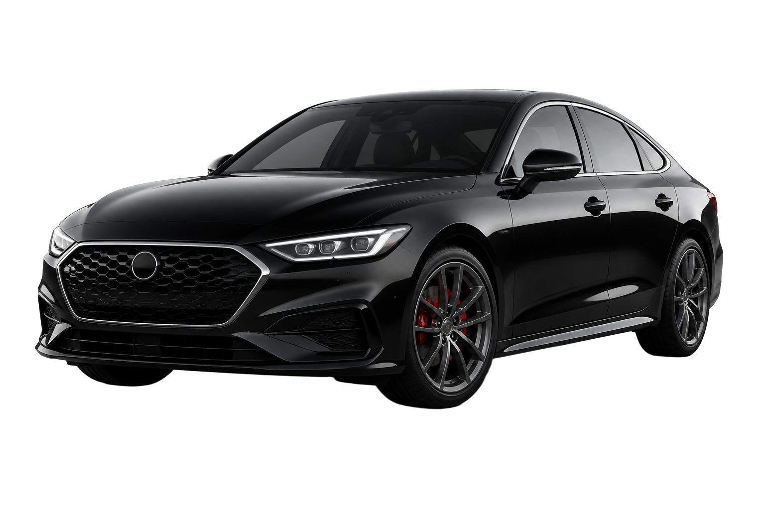 Premium black sedan, front three-quarter view, with replaceable glass panels highlighted